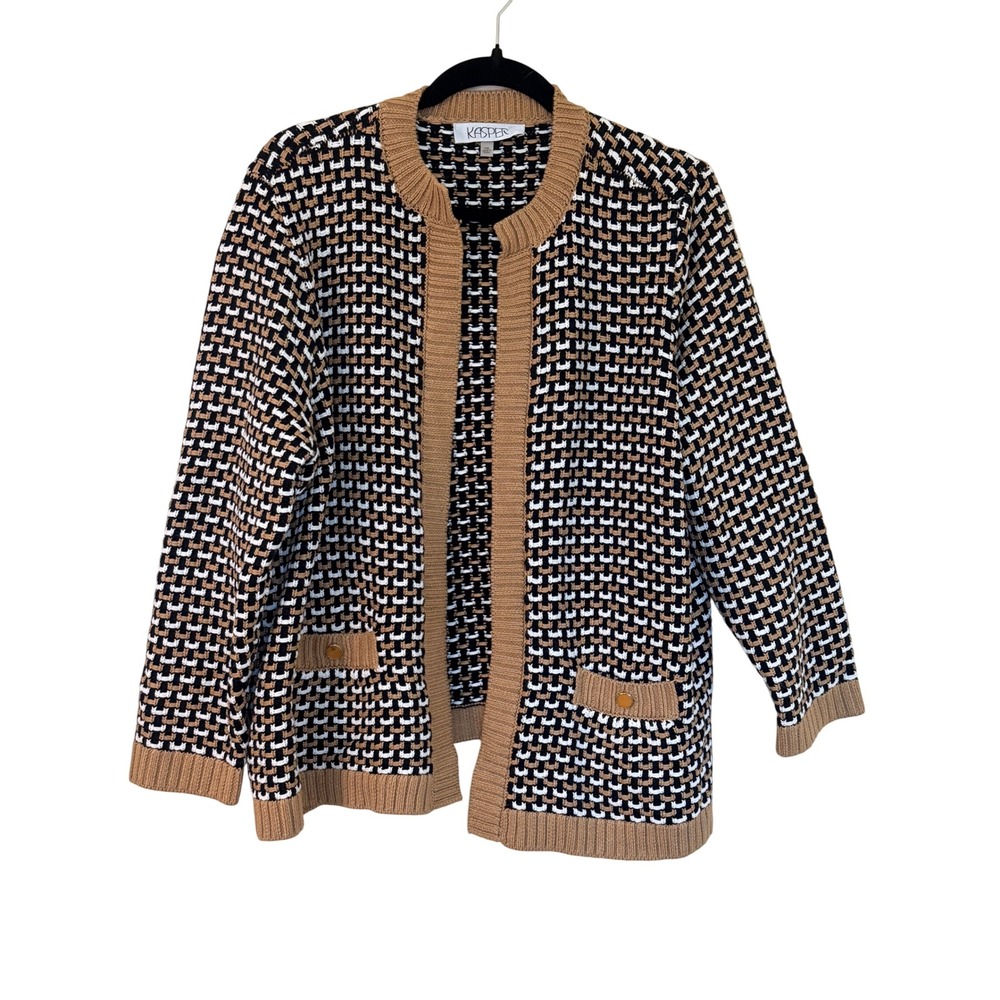 Kasper Women PXL Tan Black White Textured Knit Open Front Cardigan Sweater